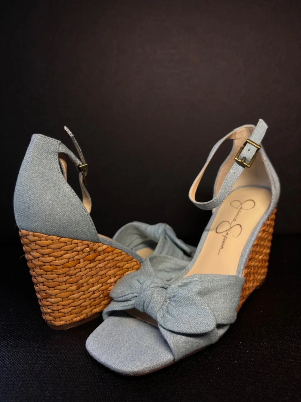 Jessica Simpson NEW Denim Bow Wedge Sandals Size 6 – Espadrille Heel Ankle Strap
